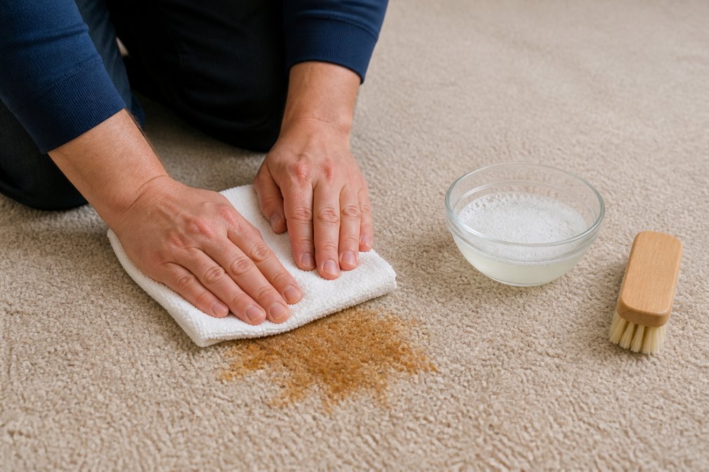 Hands pressing a white cloth onto old food stains on a beige carpet with cleaning supplies nearby