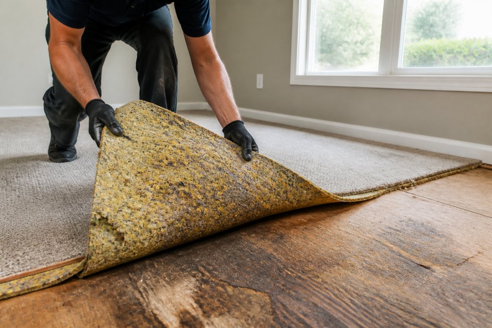 Professional carefully removing damaged carpet padding from subfloor with visible discoloration from pet urine saturation, showing exposed wood subfloor underneath in natural daylight
