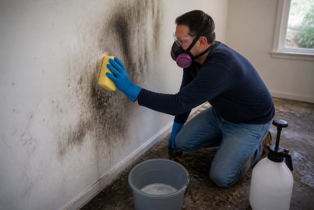A homeowner wearing a respirator, rubber gloves, and eye protection wiping dark soot residue from a white interior wall with a large sponge, bucket of cleaning solution on the floor nearby