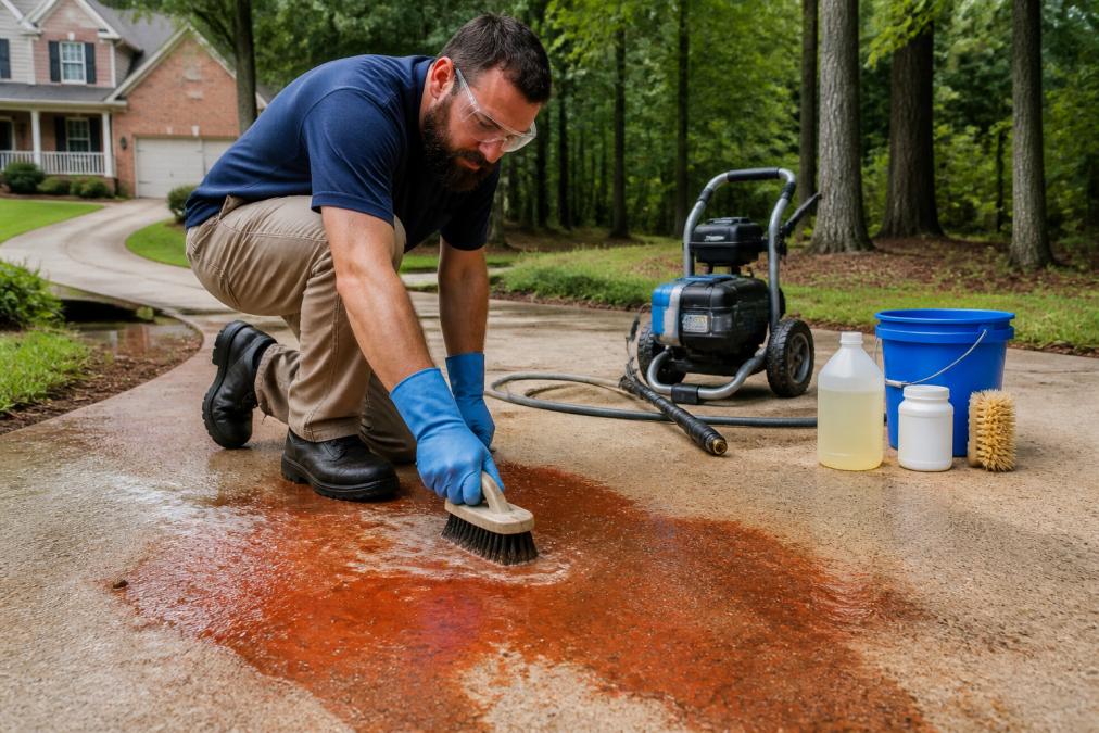 Person in safety gear using a scrub brush to start removing stubborn red clay from concrete on a driveway