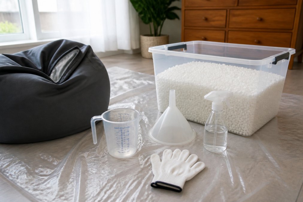 Organized workspace for bean bag filling showing clear plastic sheet on floor, measuring cup, funnel, spray bottle of water, cotton gloves, and pre-moistened foam pellets in a clear bin, natural daylight from window, clean organized setup