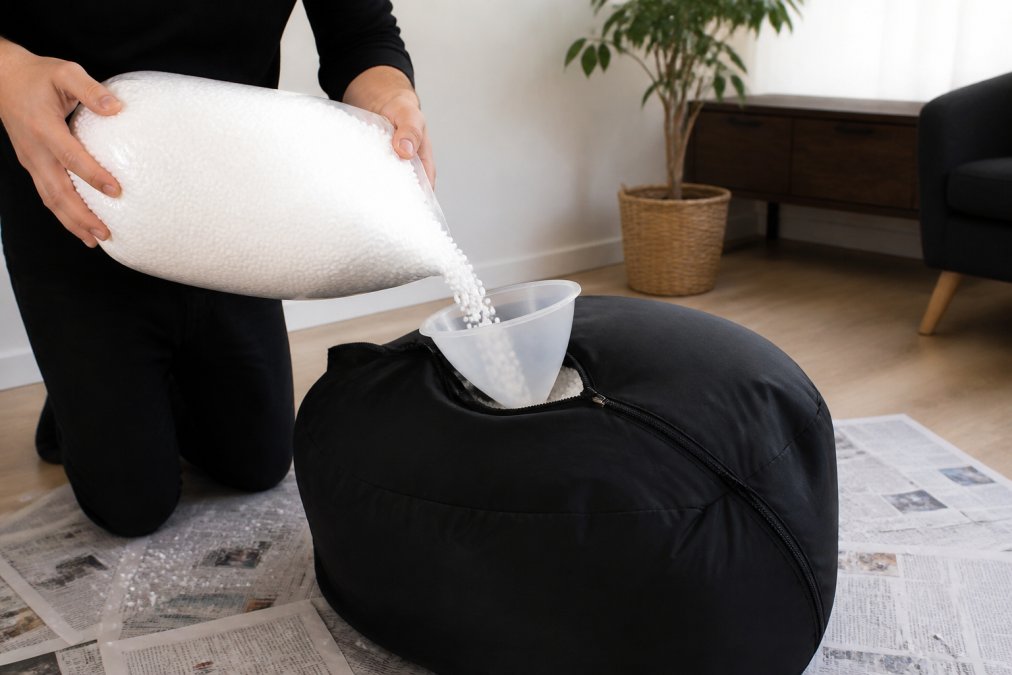 Mains soigneusement versant des billes de polystyrène dans une housse de pouf à l'aide d'un entonnoir, avec du papier journal protégeant la surface de travail et un environnement intérieur propre