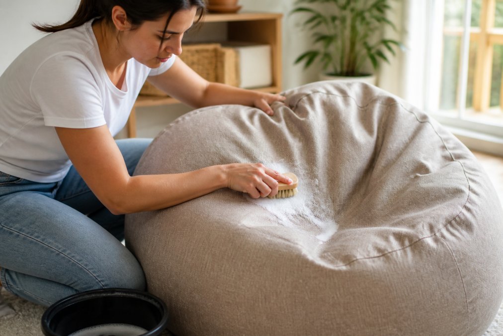 Personne nettoyant délicatement une housse de pouf avec une brosse douce et une solution savonneuse douce, montrant les soins appropriés dans un environnement intérieur lumineux