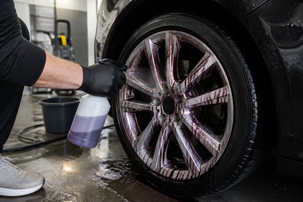 Persoon spuit velgenreiniger op aluminium velg om effectief remstof verwijderen in een garage.