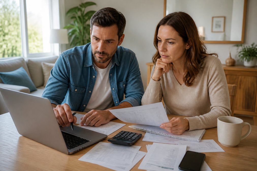 Couple calculant le rendement locatif net sur ordinateur avec des relevés bancaires et une calculatrice.