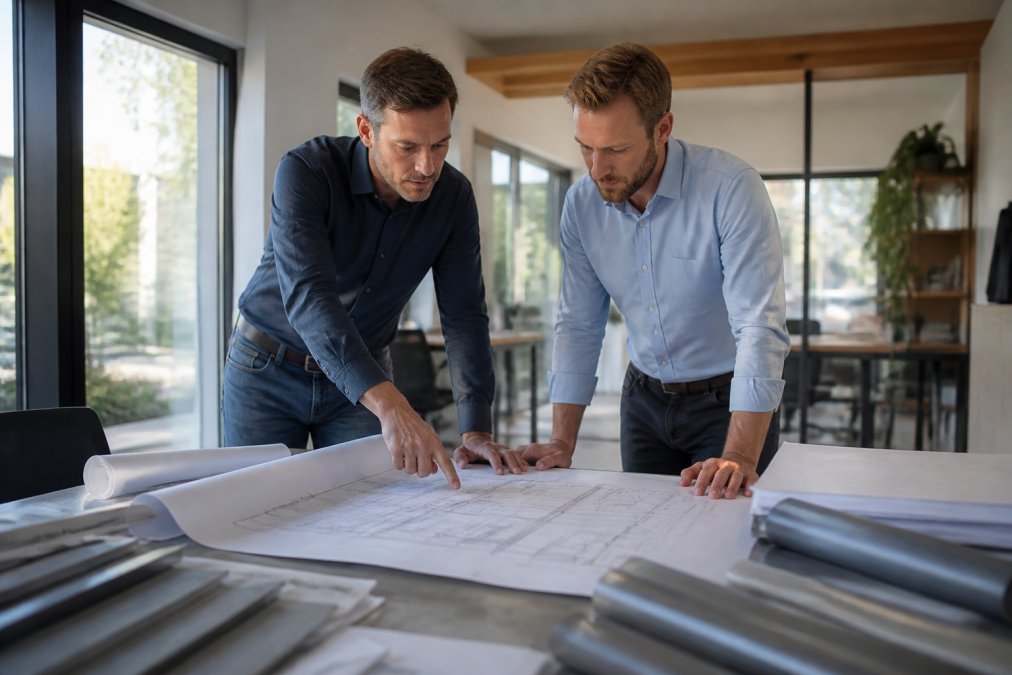 Salesmanager en werkvoorbereider analyseren conversiecijfers voor een hoger rendement op leadgeneratie voor bouwbedrijven