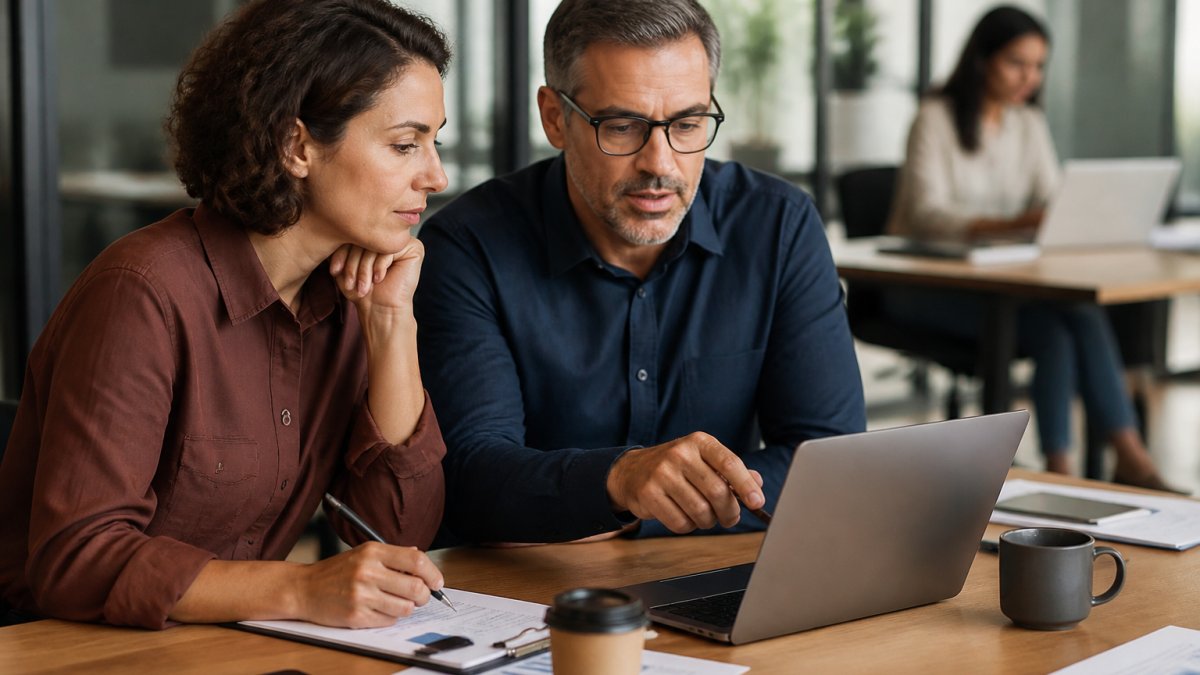 Teamleden analyseren KPI's voor het rendement van klantcontact automatisering berekenen op een laptop.