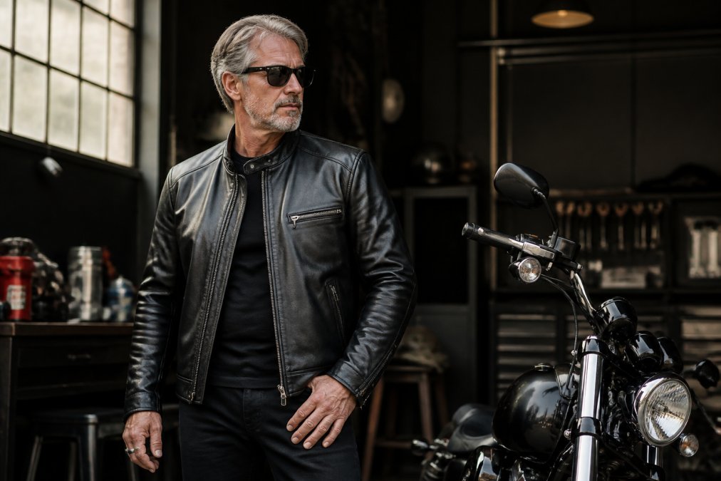 A man in his 50s wearing a classic black leather motorcycle jacket, standing next to a cruiser motorcycle in a garage, natural lighting showing the jacket's grain and stitching