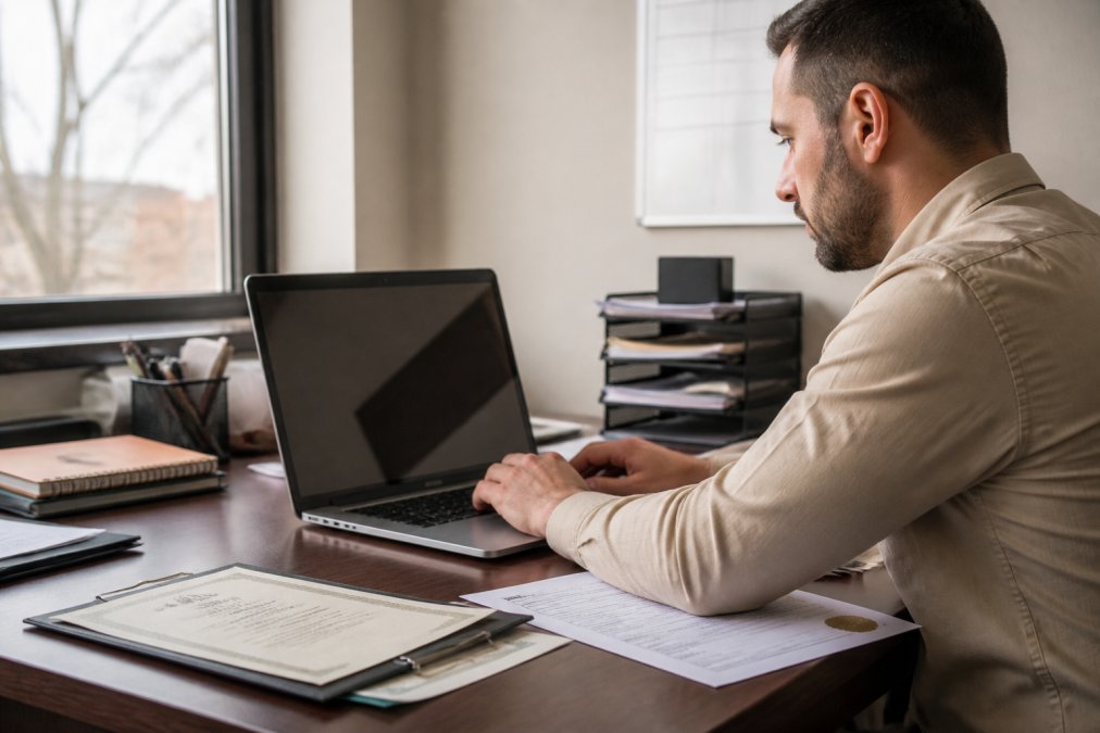 Professional at a desk using a laptop to renew expired sora license via the online portal.