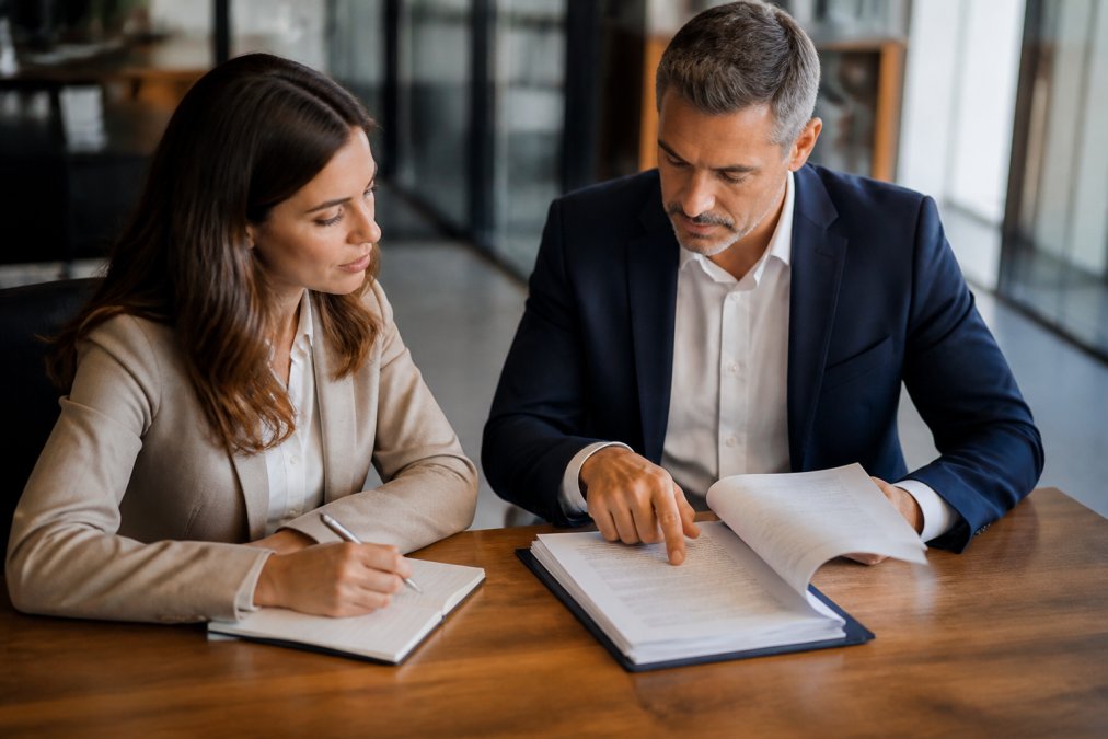 A business owner and a legal consultant reviewing a commercial lease document together at a desk, pointing at clauses and taking notes, warm office lighting