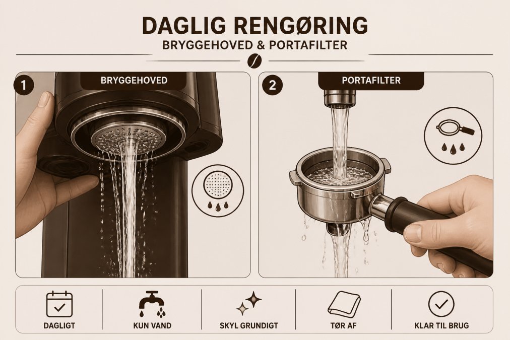 Hænder skylles en portafilter og bryggehoved under løbende varmt vand, med detaljer af kaffeolier, der vaskes væk