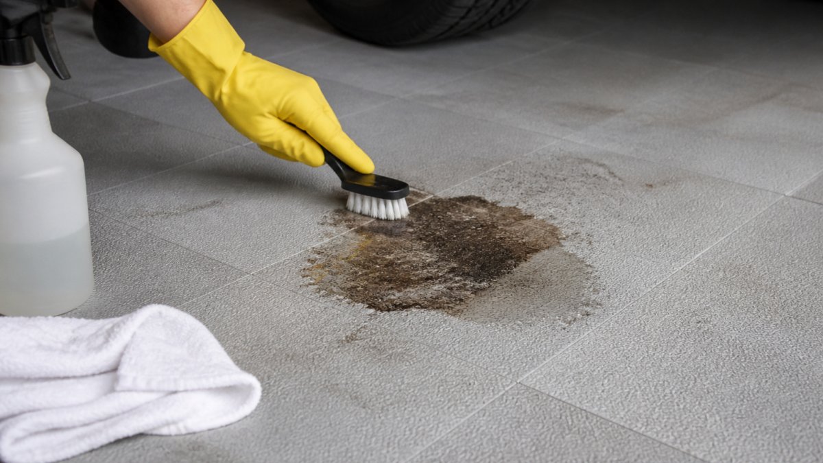 Close-up of a hand wearing yellow gloves applying specialized cleaning solution to an oily dark stain on a light gray PVC garage floor tile, with a soft brush and white cleaning cloth nearby on the tile surface