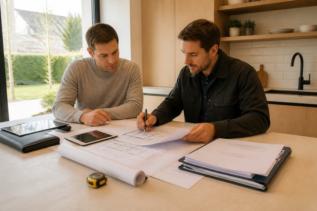Huiseigenaar en aannemer bespreken bouwplan en offerte aan een tafel met documenten, tablet en schrijfgereedschap in een moderne keuken met natuurlijk licht