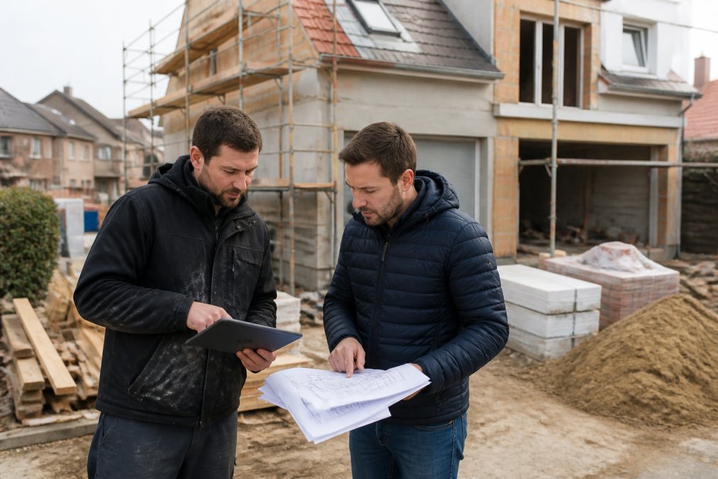 Aannemer en huiseigenaar bespreken bouwplannen voor renovatie versus nieuwbouw op een werf met een tablet.