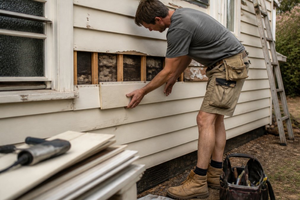 Carpenter replacing timber weatherboard cladding while renovating 1920s weatherboard homes in natural daylight