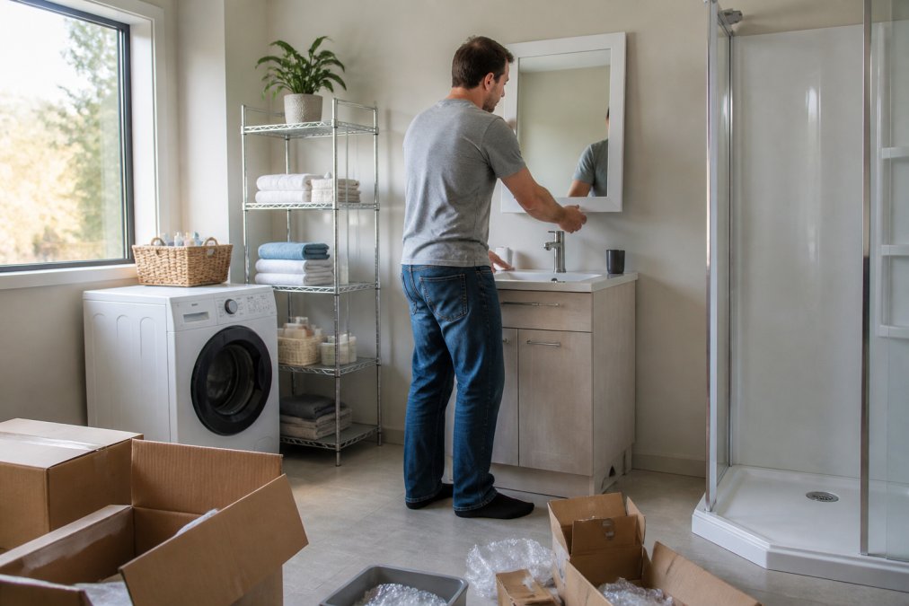 Homeowner setting up a temporary bathroom in a laundry room while renovating bathroom facilities.