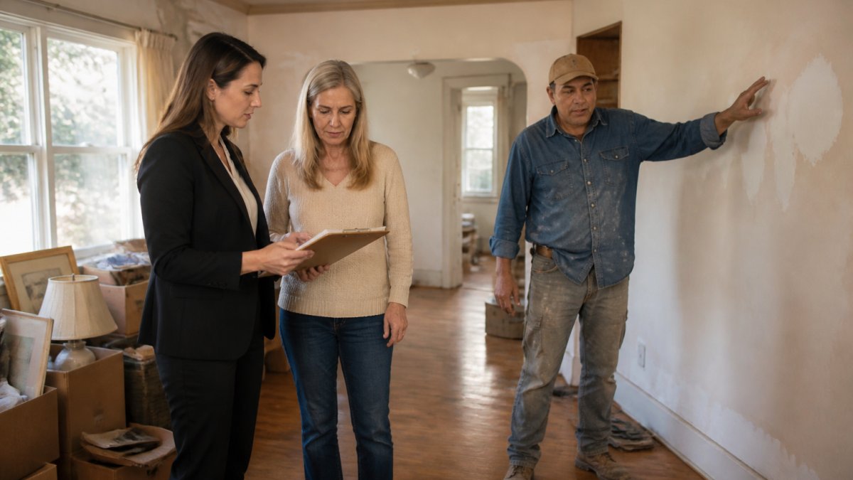 Real estate professional and heir reviewing an inherited house probate renovation checklist with a contractor