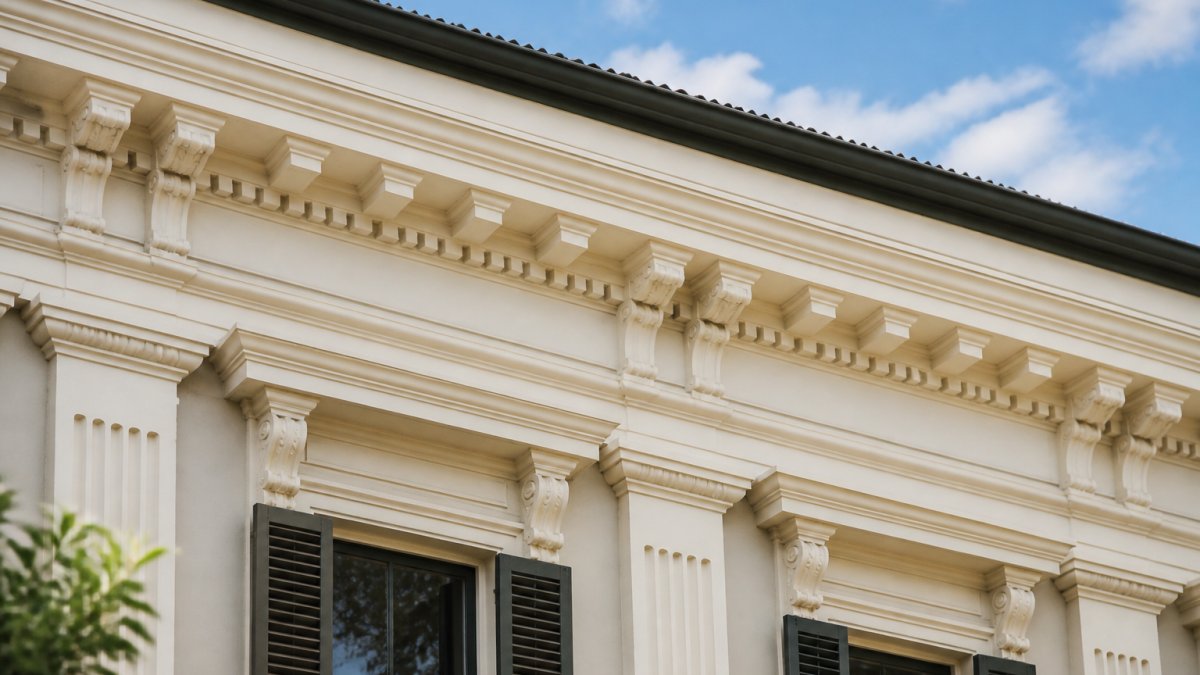 Close-up of ornate traditional cornicing and decorative mouldings on a heritage home facade, showing fine period-appropriate profiles and architectural detail in natural daylight