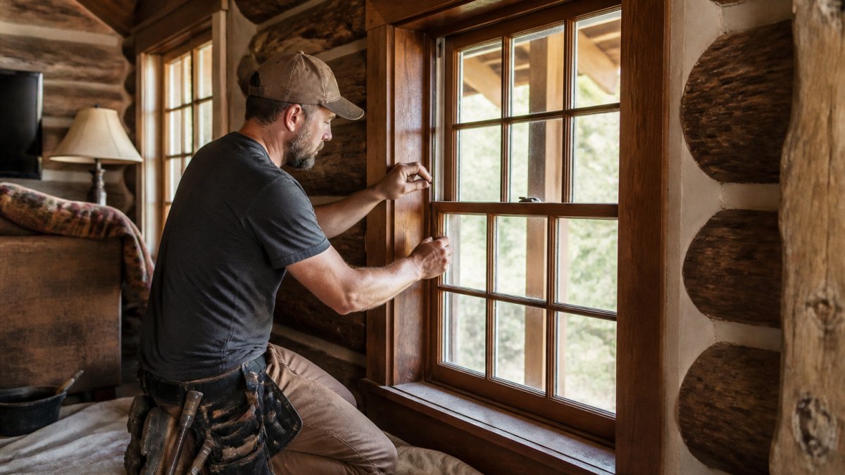 Craftsman restoring original wood trim and divided-light windows while renovating historic homes in Jackson Hole.