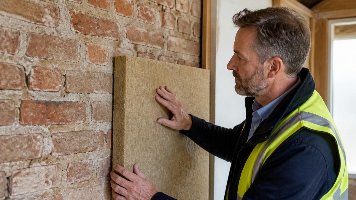 Professional surveyor examining traditional solid brick wall with lime mortar joints and demonstrating placement of breathable wood fibre insulation board against the masonry, showing the contrast between old construction and modern compatible materials in natural workshop lighting