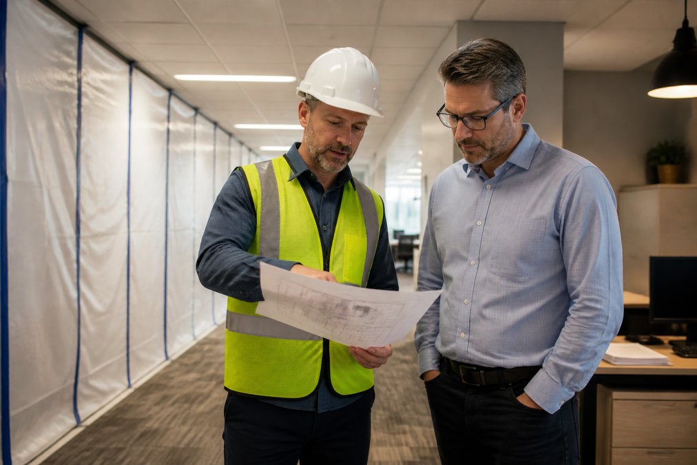 A construction project manager in a hard hat reviewing a printed renovation schedule with a business owner in an active office hallway, temporary partition walls visible in the background, natural overhead lighting