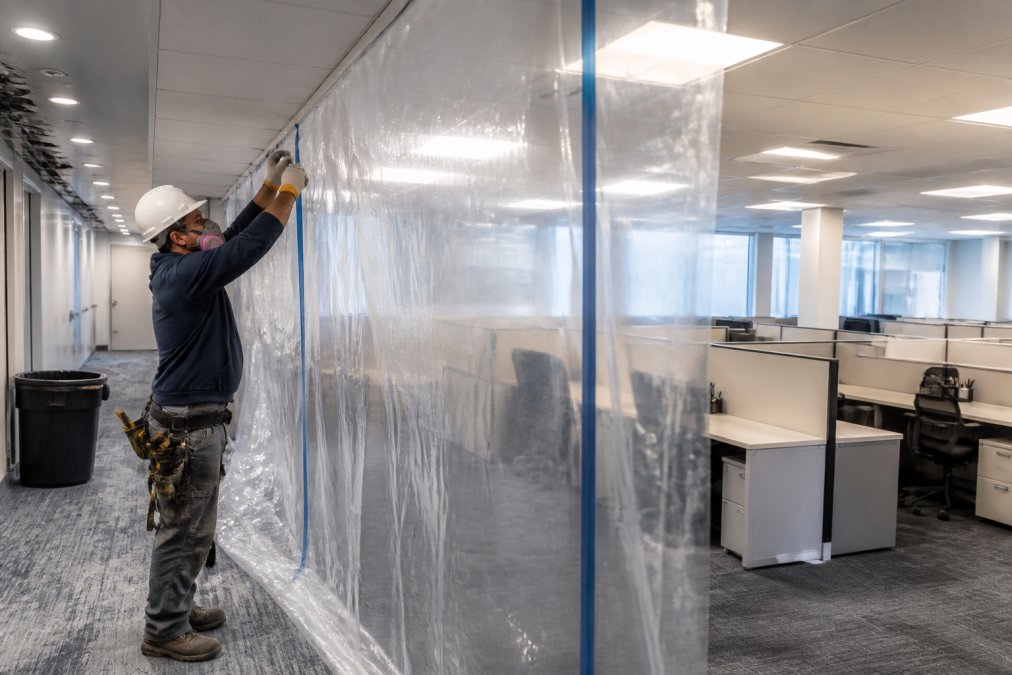 A worker in protective gear installing a thick plastic dust containment barrier between a construction zone and a clean, occupied office area with desks and computers visible on the other side, bright fluorescent lighting