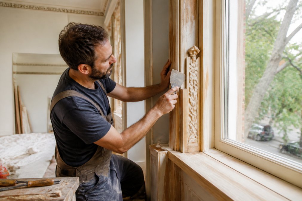 Carpenter carefully repairing ornate timber window frames and cornicing in period homes.