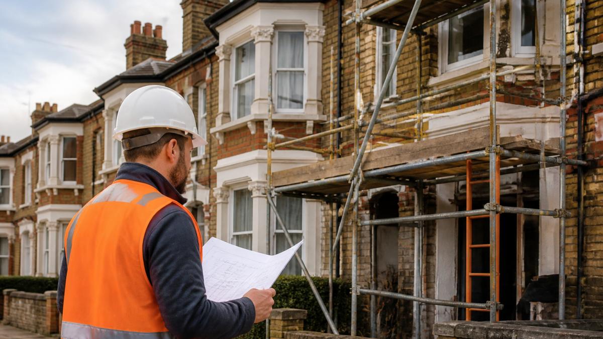 A row of Victorian terraced houses with bay windows and decorative brickwork, scaffolding on one property where renovation work is underway, a builder in the foreground reviewing plans