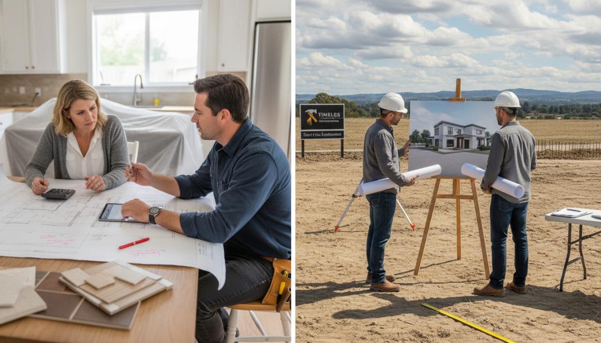 Contractor reviewing detailed renovation cost estimates and blueprints with homeowner at kitchen table, with calculator and material samples visible under natural window light