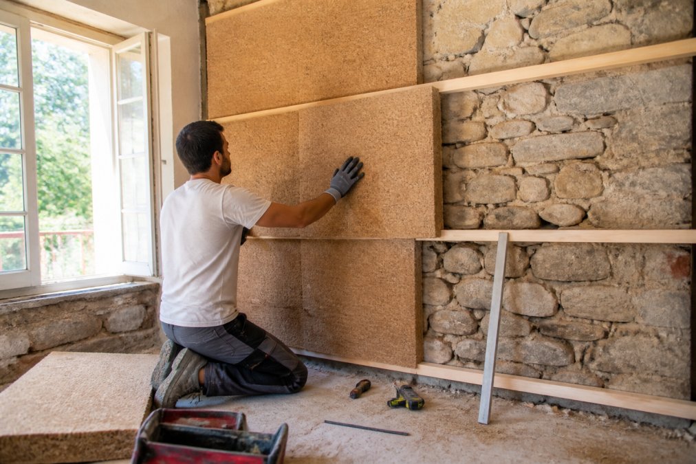 Un artisan pose des panneaux isolants en laine de bois sur un mur intérieur en pierre dans une maison ancienne de Montluçon, outils à proximité, lumière naturelle traversant une fenêtre