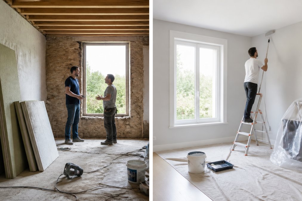 Un propriétaire discute avec un artisan dans un salon en cours de rénovation, des panneaux isolants appuyés contre le mur et des outils au sol, lumière naturelle traversant une fenêtre sans vitrage