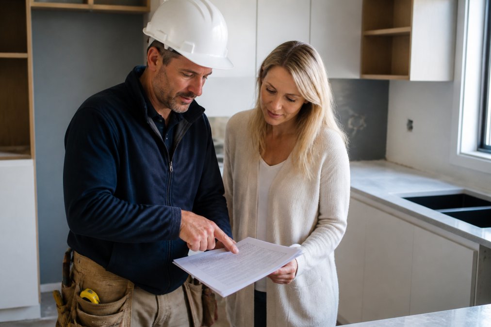 A project manager in a hard hat reviewing a detailed contract document with a homeowner at a kitchen renovation site, pointing at a clause in the paperwork