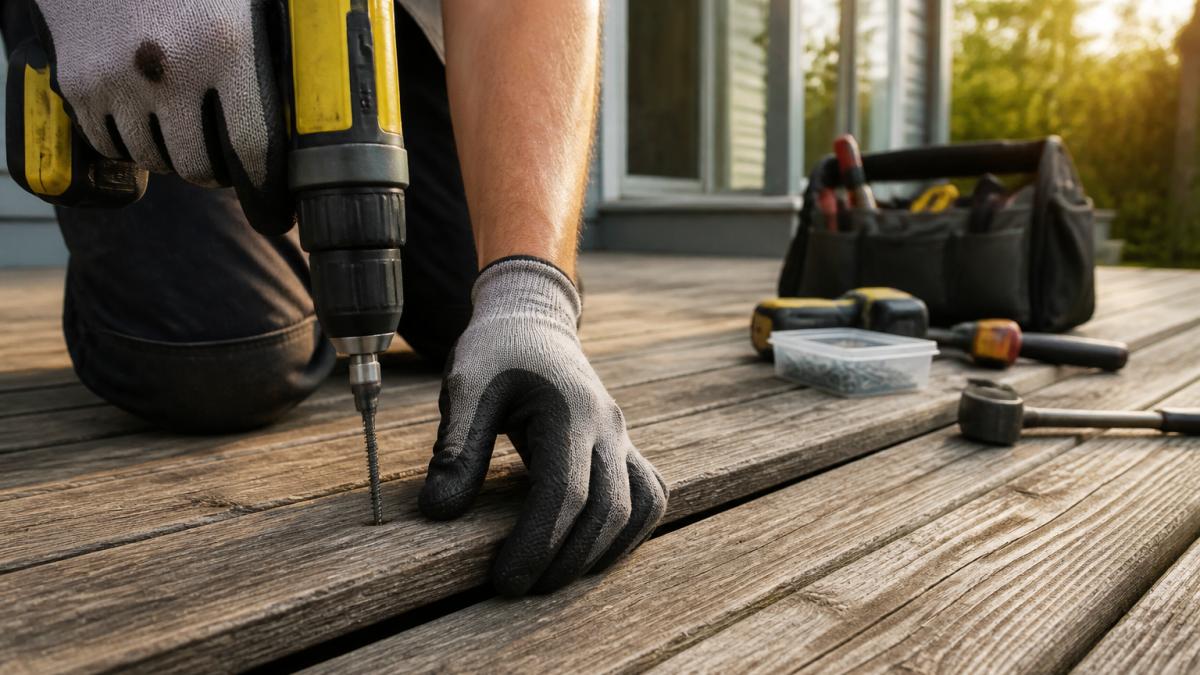 Gros plan sur des mains gantées en train de resserrer une vis dans une planche de terrasse en bois usée, avec une perceuse et des outils de réparation posés sur le patio, lumière naturelle de fin d'après-midi