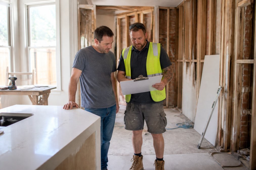 Homeowner in casual clothing and tradesperson in work boots and high-visibility vest reviewing renovation plans on a clipboard together at a kitchen renovation site with exposed walls and construction materials visible in background, natural daylight streaming through windows