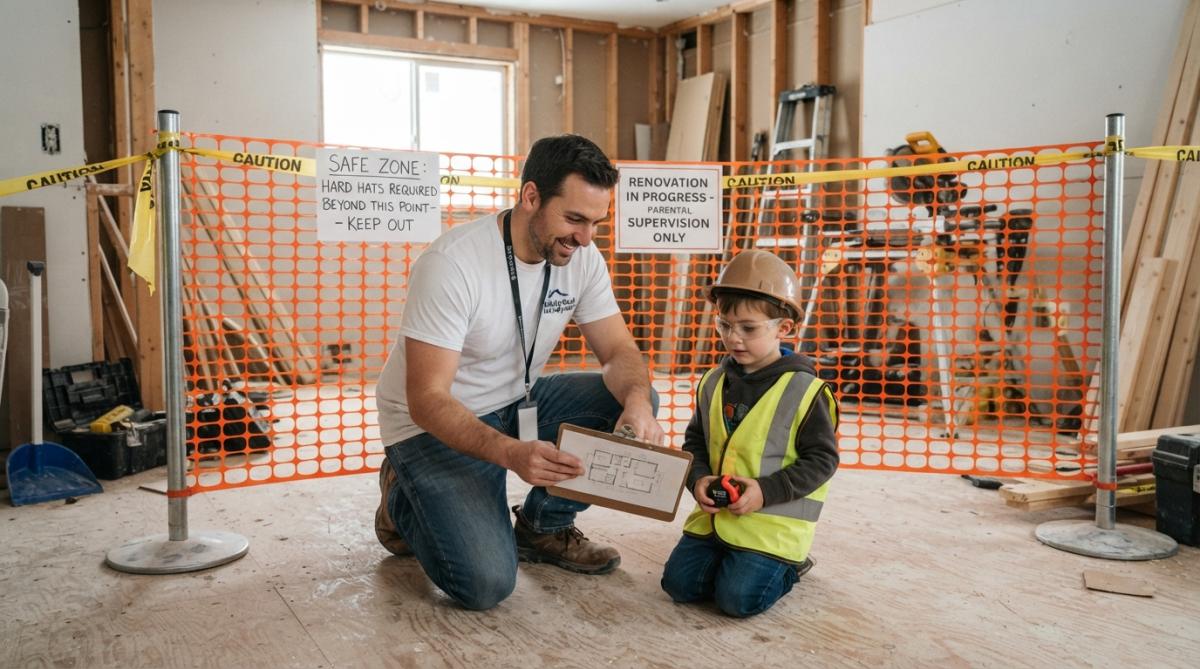 Professional illustration showing parent and child and safe concepts for renovation project management