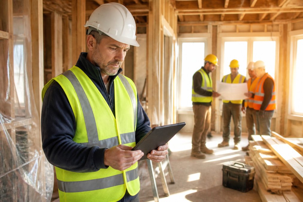 Construction manager in hard hat and safety vest standing on active job site reviewing blueprints on tablet while workers collaborate in background, morning sunlight illuminating the space