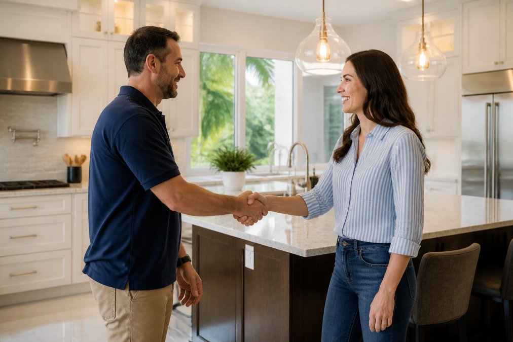 Homeowner and project manager shaking hands in newly renovated kitchen with polished countertops, modern cabinetry, and natural light streaming through windows