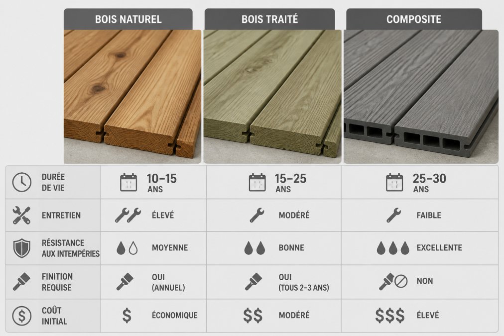 Close-up view of three different deck material samples arranged side by side, natural wood boards showing rich grain patterns, pressure-treated lumber with greenish tint, and composite decking with wood-grain texture, displayed on a neutral surface in natural daylight