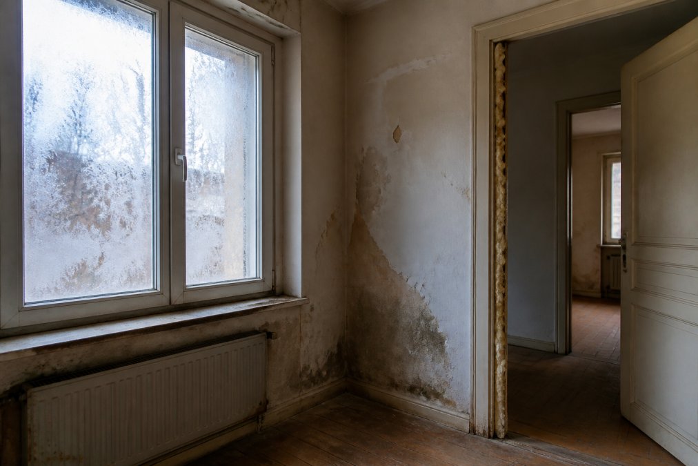 Interior view of an older residential space showing visible thermal deficiencies, with frost patterns on window panes, visible moisture stains on walls, and gaps around door frames revealing poor insulation, photographed in natural daylight