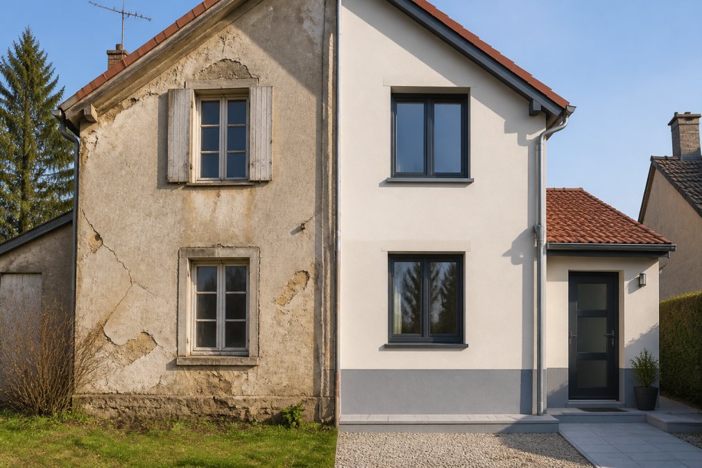 Exterior transformation of a residential property showing before and after thermal improvements: original facade with visible cracks and deteriorated windows, contrasted with renovated exterior featuring new double-glazed windows, improved insulation visible at wall junctions, and modern thermal envelope upgrades, photographed in daylight