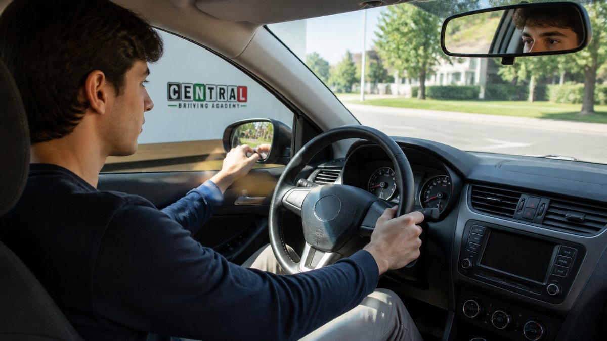 Young driver sitting in rental car interior, hands on steering wheel, checking dashboard controls and adjusting side mirror before driving, natural daylight through windshield