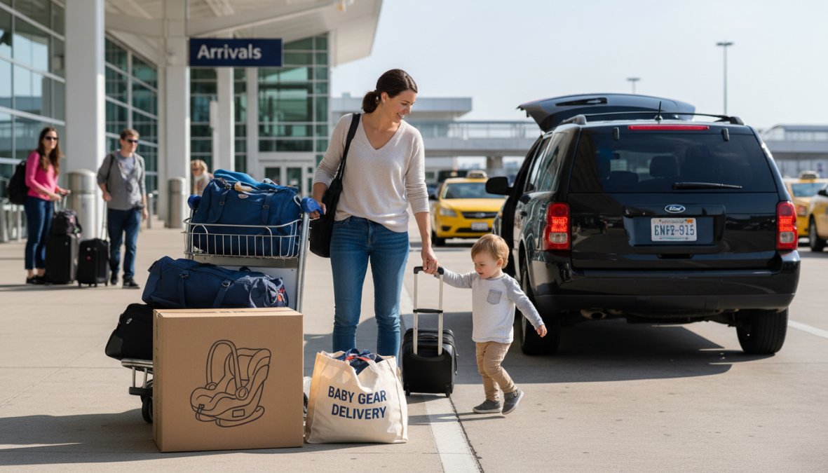 A parent with a toddler standing near a luggage cart at the JAX airport terminal entrance, a branded baby gear delivery bag and boxed car seat visible beside them, warm afternoon light through the terminal glass doors, suggesting a calm and organized arrival