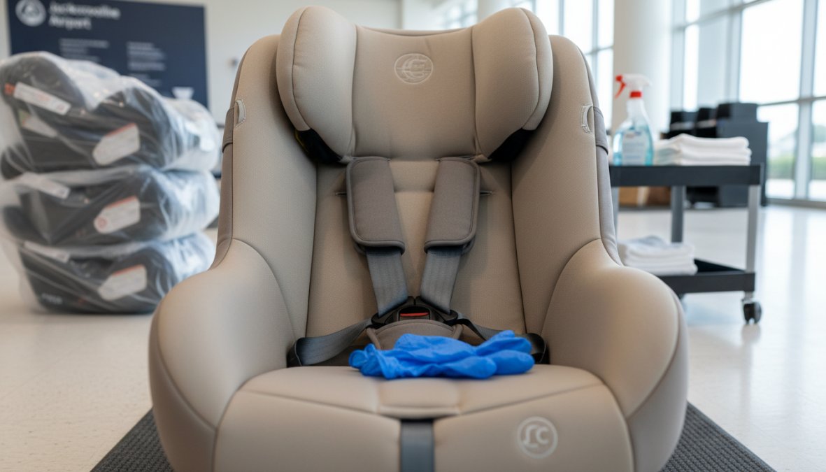 Close-up of a clean, brand-new infant car seat with neatly positioned harness straps resting on a white surface, bright even lighting highlighting the pristine fabric and unblemished plastic shell, suggesting a freshly sanitized and inspected rental item