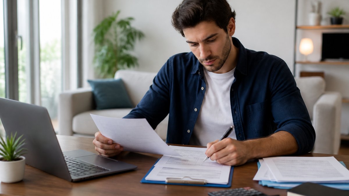 Young professional sitting at a desk reviewing rental application documents and financial statements, with a laptop, pen, and organized paperwork visible in a bright home office
