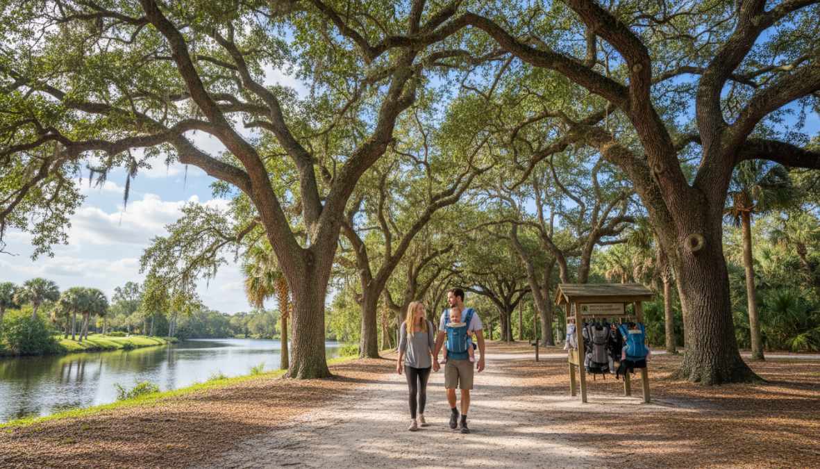 A family with a toddler secured in a hiking backpack carrier exploring a shaded Florida nature trail, sunlight filtering through tree canopy, parents smiling and relaxed, lush green surroundings