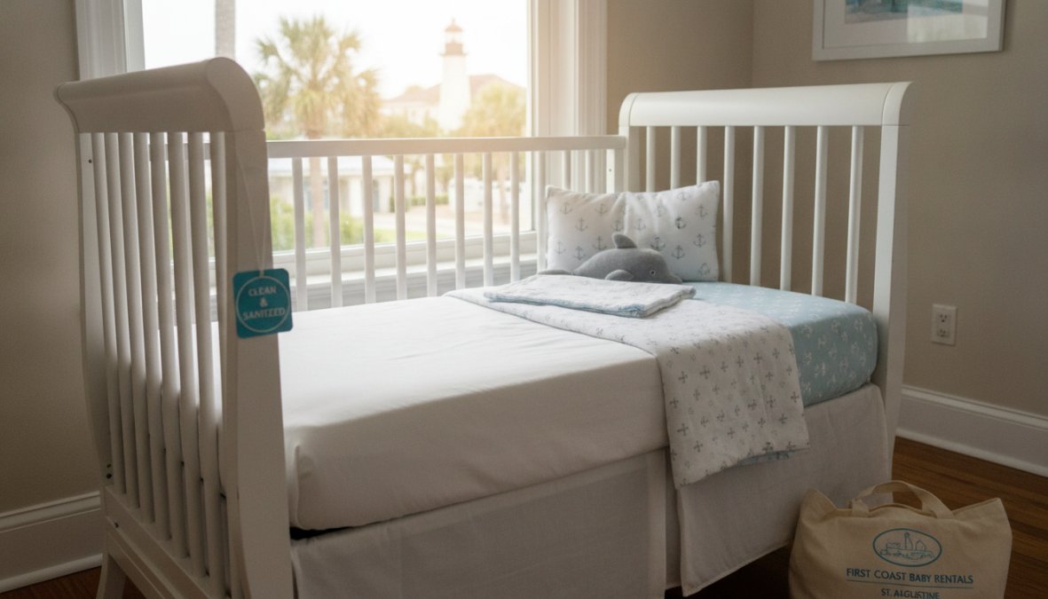Professional illustration showing neatly and assembled and full-sized concepts for rent baby crib St Augustine