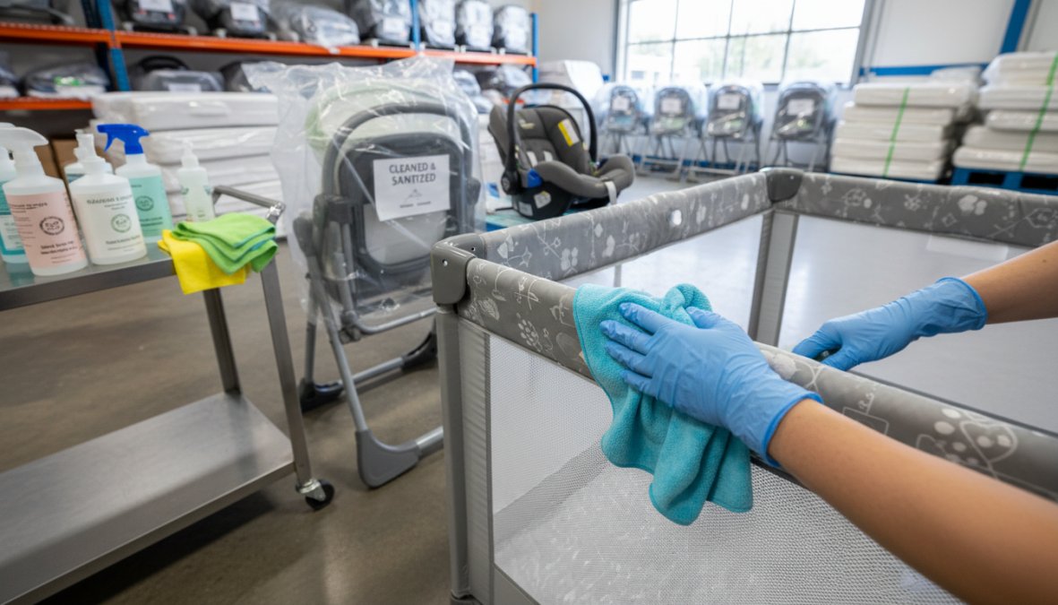 A person wearing latex gloves carefully wiping down the mesh sides and frame of a collapsible playard with a white cleaning cloth, bright indoor space with other baby gear visible on shelves in the background