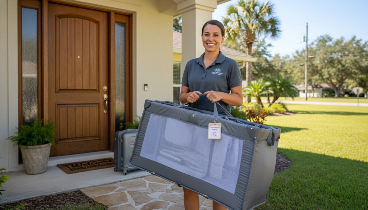 A delivery professional carrying a folded collapsible playard toward the front door of a bright Florida vacation rental home, smiling and wearing a branded shirt, afternoon sunlight, palm trees visible in the background