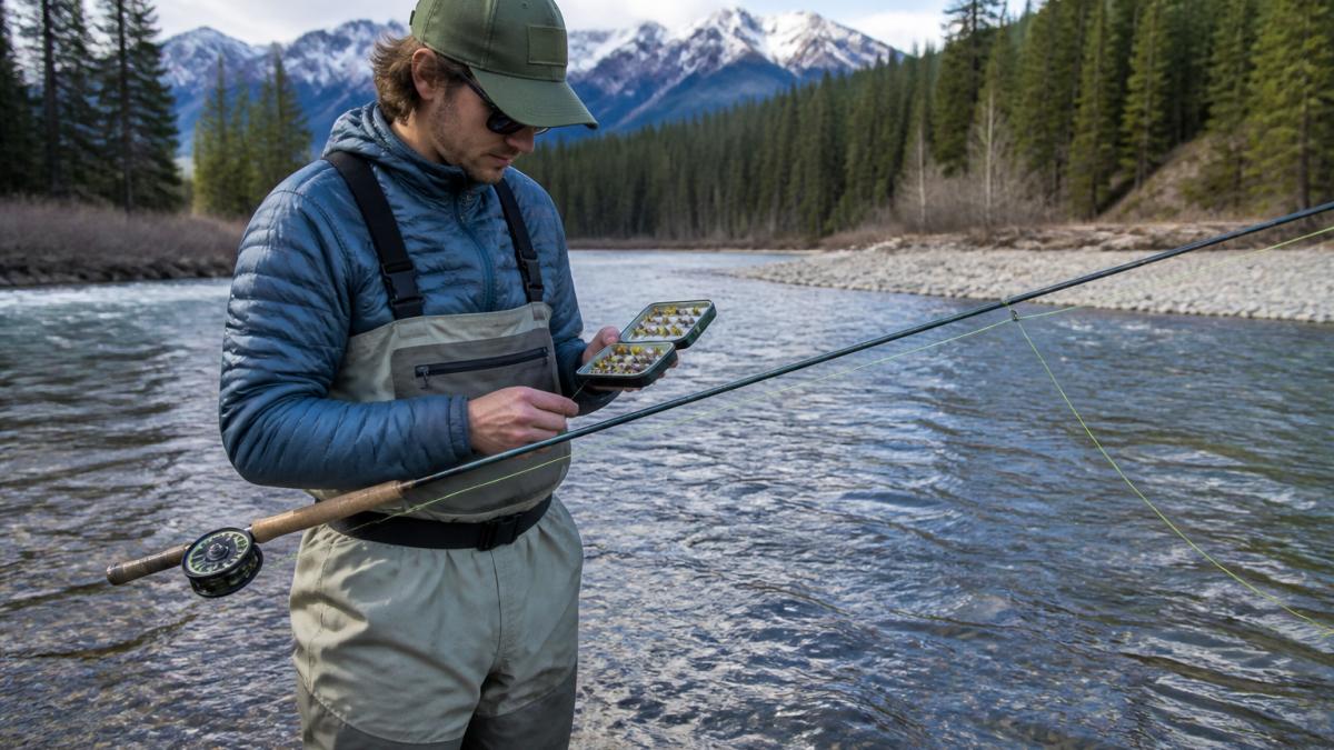 Beginner angler in waders checking a fly box by a river to rent fly fishing gear for their mountain trip