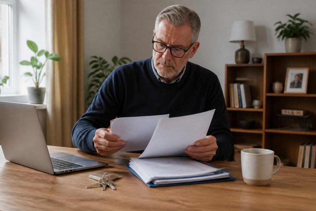 A landlord in his fifties reviewing property documents and a laptop at a wooden desk in a bright home office, keys and a mug of tea beside a folder of tenancy agreements